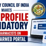 Pharmacy Council of India HPR Profile Mandatory for Pharmacists on DIGI-PHARMed Portal with PCI and NHA logos.