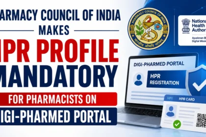 Pharmacy Council of India HPR Profile Mandatory for Pharmacists on DIGI-PHARMed Portal with PCI and NHA logos.