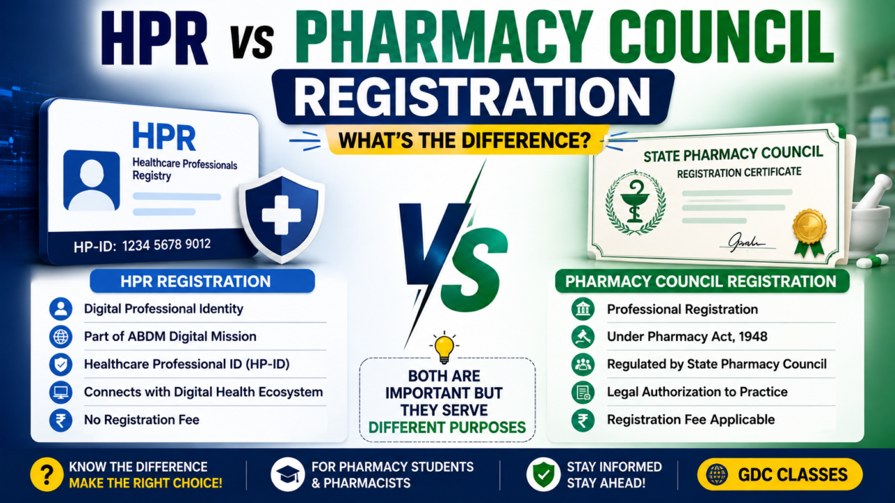 HPR vs Pharmacy Council Registration comparison showing digital healthcare professional identity, HP-ID, Pharmacy Council professional registration, legal authorization to practice, and registration requirements for pharmacists.