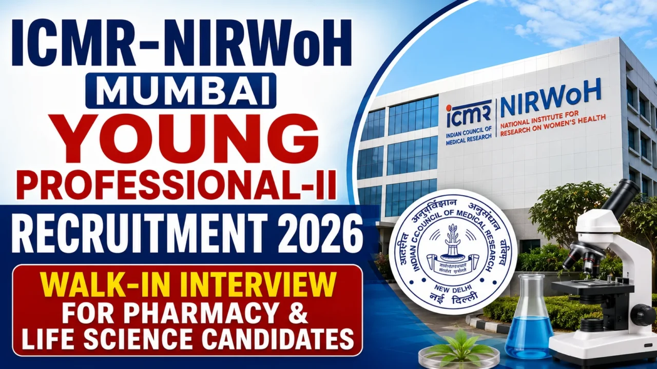 ICMR-NIRWoH Mumbai Young Professional-II Recruitment 2026 walk-in interview thumbnail for Pharmacy and Life Science candidates.