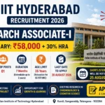 IIT Hyderabad Research Associate-I Recruitment 2026 poster featuring ₹58,000 salary plus 30% HRA, 1 vacancy, 7-month duration, age limit 35 years, and application deadline of 20 August 2026.