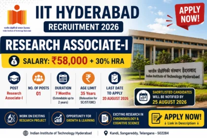 IIT Hyderabad Research Associate-I Recruitment 2026 poster featuring ₹58,000 salary plus 30% HRA, 1 vacancy, 7-month duration, age limit 35 years, and application deadline of 20 August 2026.