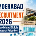 IIT Hyderabad JRF Recruitment 2026 poster featuring M.Pharm eligibility for the Junior Research Fellow post, with IIT Hyderabad campus, microscope, laboratory glassware, and research visuals.