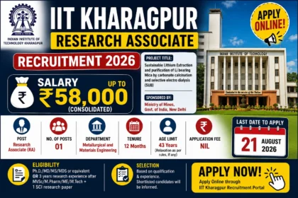 IIT Kharagpur Research Associate Recruitment 2026 thumbnail featuring ₹58,000 salary, one Research Associate post, 12-month tenure, 43-year age limit and 21 August 2026 application deadline.