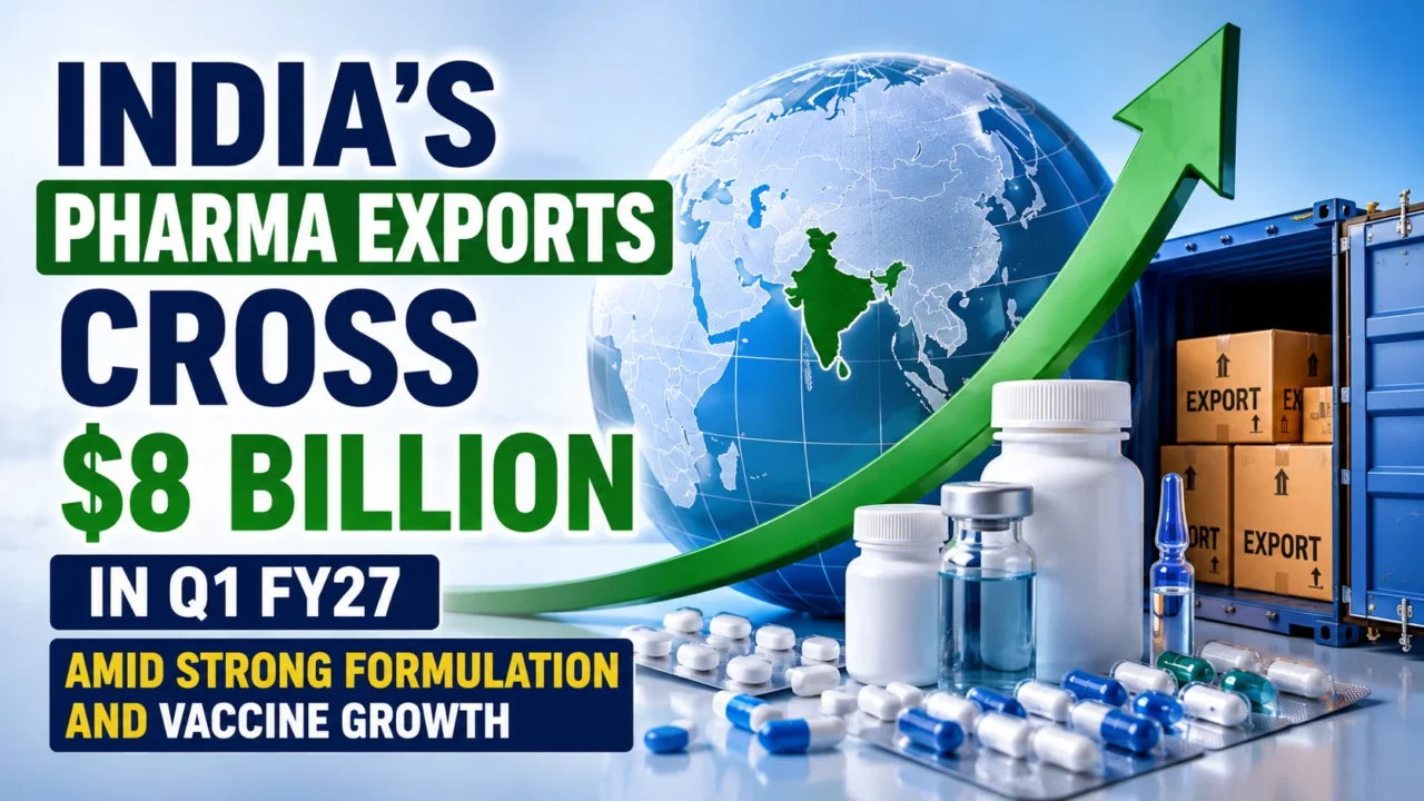 India’s pharma exports cross $8 billion in Q1 FY27, highlighting strong formulation and vaccine growth with global pharmaceutical shipments.