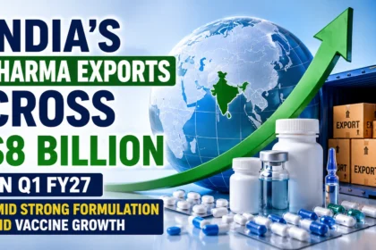 India’s pharma exports cross $8 billion in Q1 FY27, highlighting strong formulation and vaccine growth with global pharmaceutical shipments.