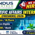Thumbnail promoting Indus Biotech Scientific Affairs Intern 2026 recruitment for freshers, highlighting B.Pharm and M.Pharm eligibility, ₹25,000 monthly stipend, Pune location, six-month internship, and application deadline.