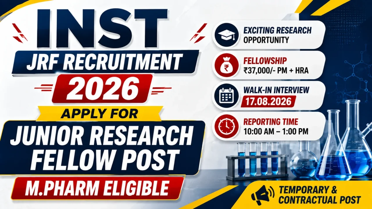 INST JRF Recruitment 2026 – Junior Research Fellow vacancy, M.Pharm eligible, fellowship ₹37,000/month + HRA, walk-in interview on 17 August 2026