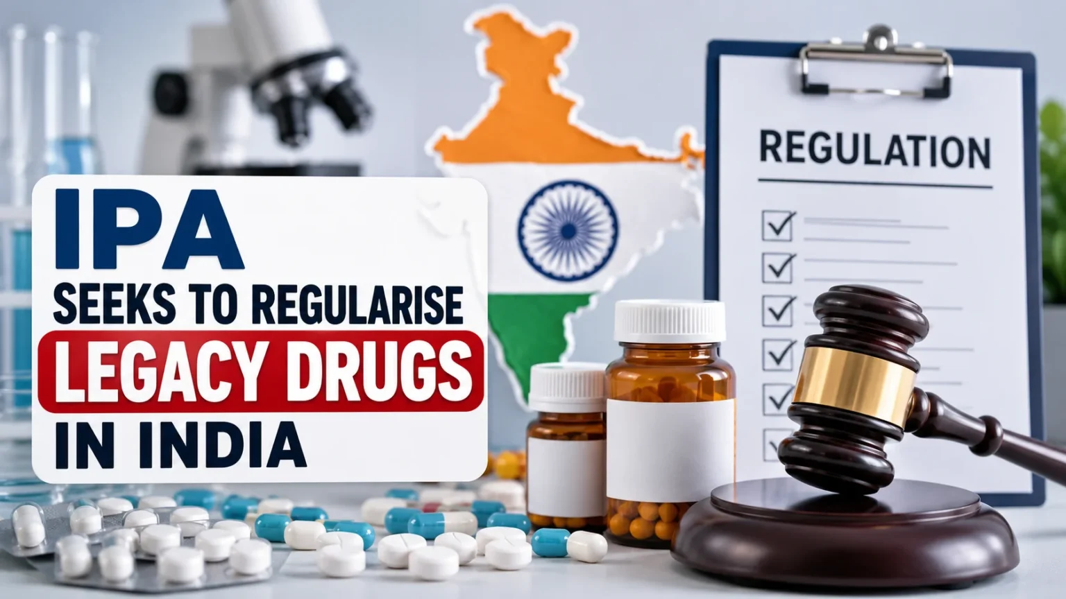 IPA seeks to regularise legacy drugs in India thumbnail featuring pharmaceutical medicines, regulation checklist, and India's pharmaceutical regulatory framework.