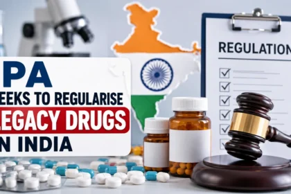 IPA seeks to regularise legacy drugs in India thumbnail featuring pharmaceutical medicines, regulation checklist, and India's pharmaceutical regulatory framework.