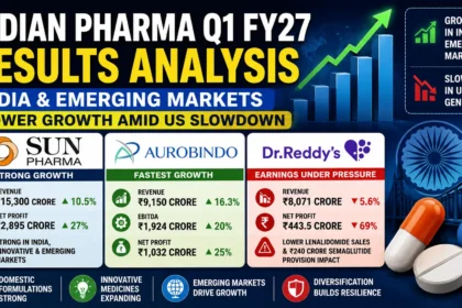 Indian pharma Q1 FY27 results showing Sun Pharma, Aurobindo Pharma and Dr Reddy’s performance amid US generic market slowdown.