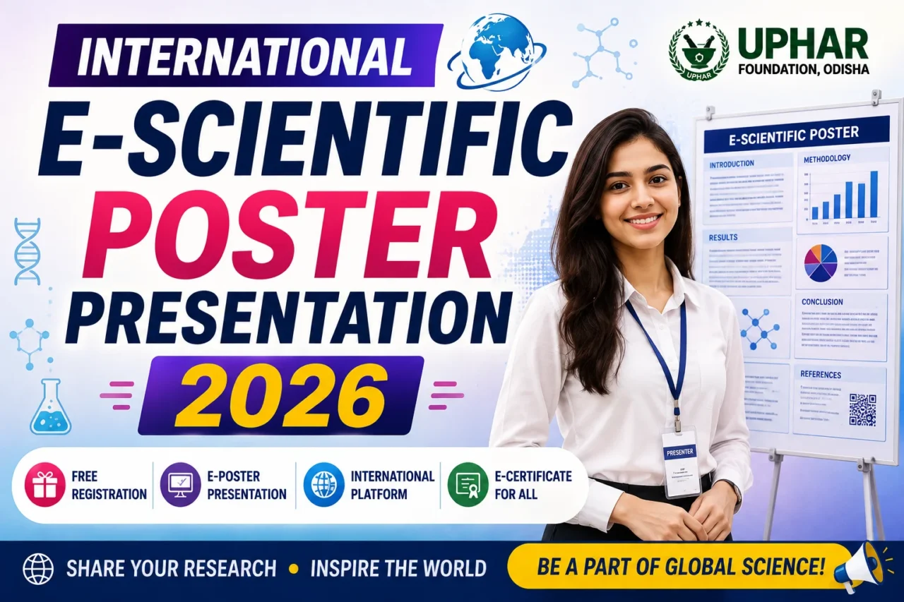 International E-Scientific Poster Presentation 2026 featuring a real female scientist presenting a scientific research poster