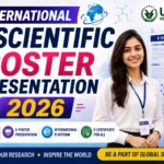 International E-Scientific Poster Presentation 2026 featuring a real female scientist presenting a scientific research poster