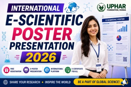 International E-Scientific Poster Presentation 2026 featuring a real female scientist presenting a scientific research poster