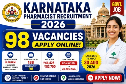 Karnataka Pharmacist Recruitment 2026 with 98 vacancies, D.Pharm qualification, Karnataka Pharmacy Council registration, and online application details.