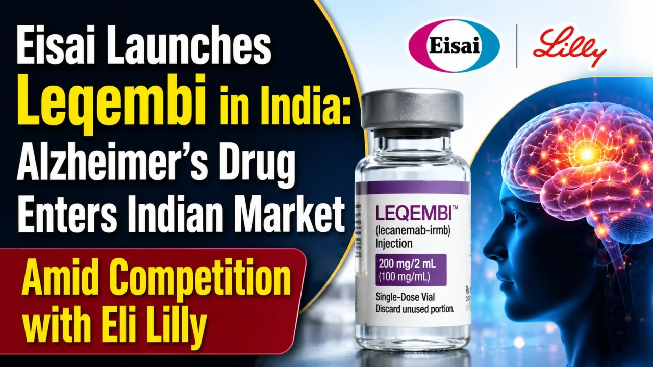 Eisai Launches Leqembi in India thumbnail showing Leqembi injection, Alzheimer's brain illustration, and Eli Lilly competition.
