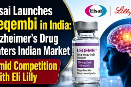 Eisai Launches Leqembi in India thumbnail showing Leqembi injection, Alzheimer's brain illustration, and Eli Lilly competition.