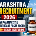 YouTube thumbnail for Maharashtra DHS Recruitment 2026 featuring a hospital building, pharmacist medicine bottle, stethoscope, Maharashtra Government emblem, and the headline "New Pharmacist & Healthcare Posts Added Across 250+ Health Institutions."