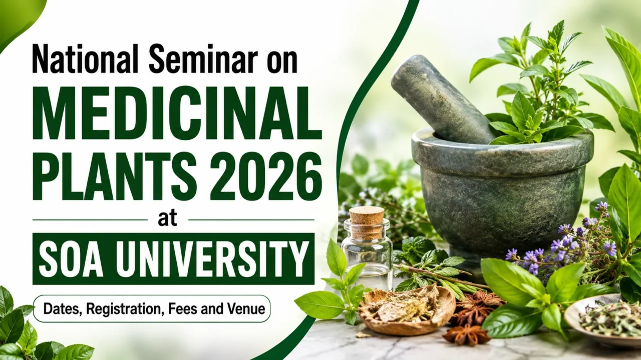 National Seminar on Medicinal Plants 2026 at SOA University featuring medicinal herbs, plants, and traditional herbal medicine equipment.