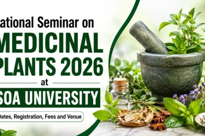 National Seminar on Medicinal Plants 2026 at SOA University featuring medicinal herbs, plants, and traditional herbal medicine equipment.