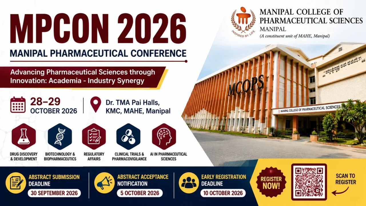 MPCON 2026 Manipal Pharmaceutical Conference poster featuring conference dates, venue, theme, pharmaceutical research topics, and registration deadlines.