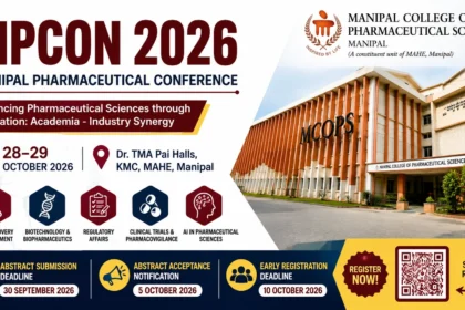 MPCON 2026 Manipal Pharmaceutical Conference poster featuring conference dates, venue, theme, pharmaceutical research topics, and registration deadlines.