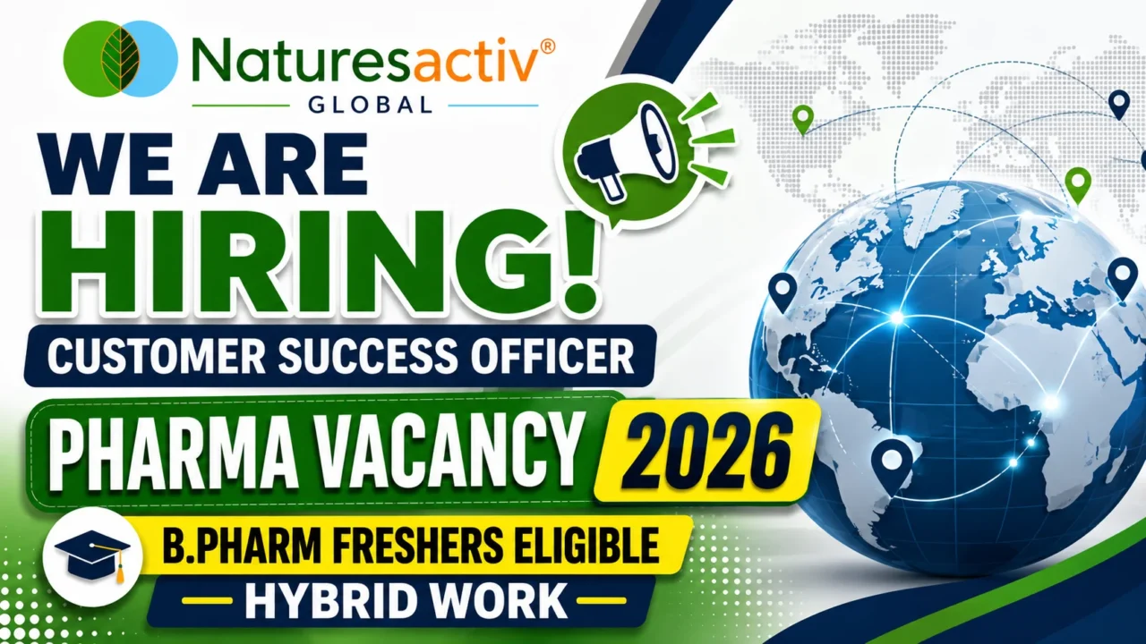 Naturesactiv Global hiring thumbnail announcing Customer Success Officer recruitment 2026 for B.Pharm freshers with hybrid work opportunity and global business theme.