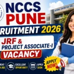 NCCS Pune Recruitment 2026 thumbnail featuring JRF and Project Associate-I vacancies with a research scientist and NCCS Pune campus.