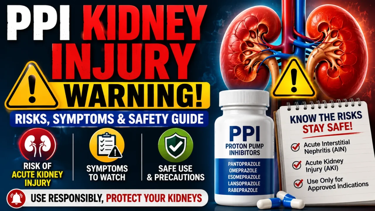 PPI kidney injury warning showing kidney risks, symptoms and safety precautions