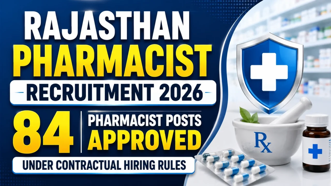 Rajasthan Pharmacist Recruitment 2026 thumbnail featuring 84 Pharmacist Posts Approved under Contractual Hiring Rules, with pharmacy and healthcare visuals.