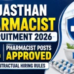 Rajasthan Pharmacist Recruitment 2026 thumbnail featuring 84 Pharmacist Posts Approved under Contractual Hiring Rules, with pharmacy and healthcare visuals.
