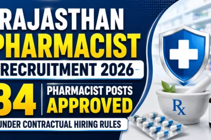 Rajasthan Pharmacist Recruitment 2026 thumbnail featuring 84 Pharmacist Posts Approved under Contractual Hiring Rules, with pharmacy and healthcare visuals.