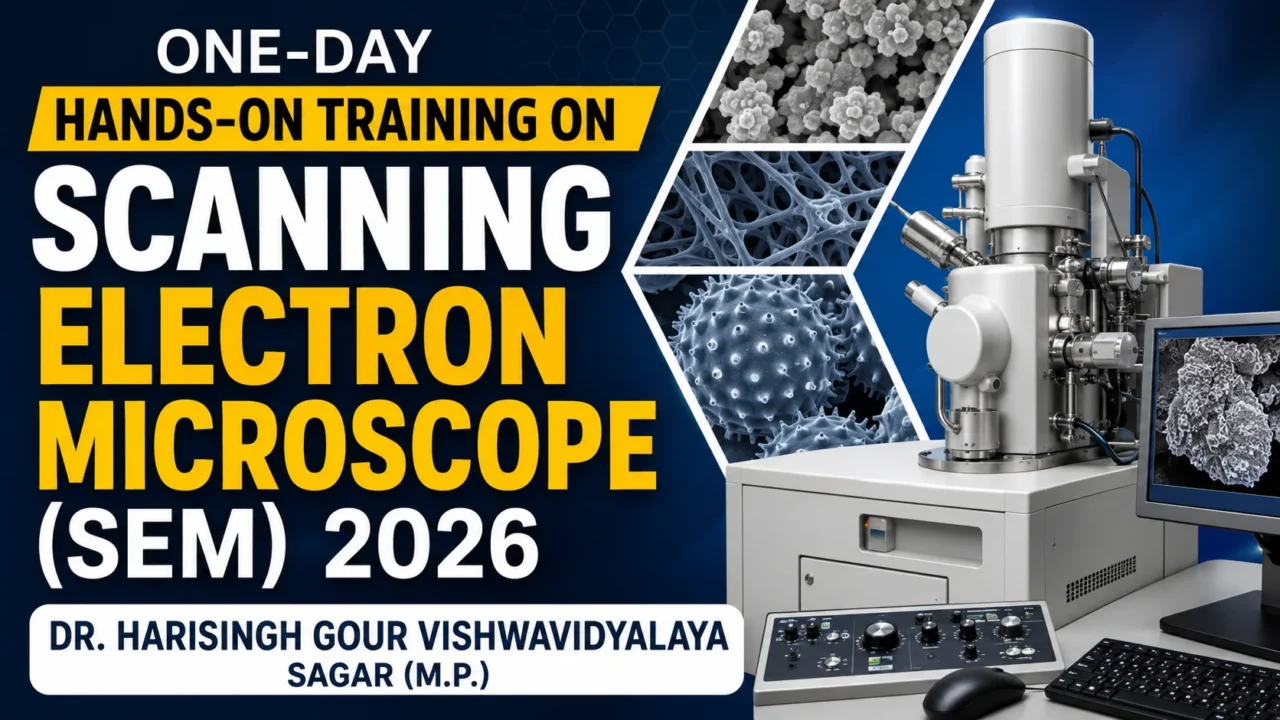 Promotional thumbnail for a One-Day Hands-on Training on Scanning Electron Microscope (SEM) 2026 at Dr. Harisingh Gour Vishwavidyalaya, Sagar (M.P.). The design features a modern scanning electron microscope, SEM microstructure images, and bold typography highlighting the training program.