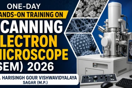Promotional thumbnail for a One-Day Hands-on Training on Scanning Electron Microscope (SEM) 2026 at Dr. Harisingh Gour Vishwavidyalaya, Sagar (M.P.). The design features a modern scanning electron microscope, SEM microstructure images, and bold typography highlighting the training program.