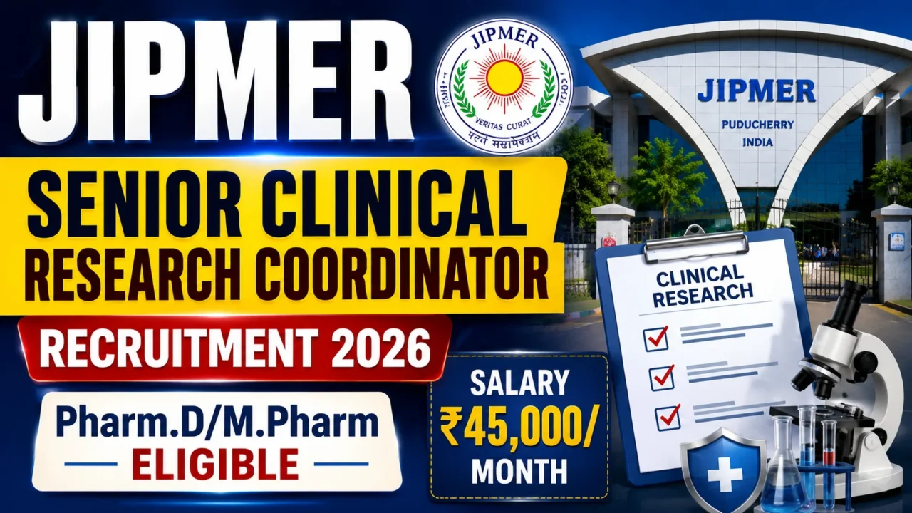 JIPMER Senior Clinical Research Coordinator Recruitment 2026 thumbnail featuring Pharm.D/M.Pharm eligibility and ₹45,000 monthly salary.