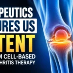 Stempeutics secures US patent for stem cell-based osteoarthritis therapy, featuring a knee joint and stem cell illustration.