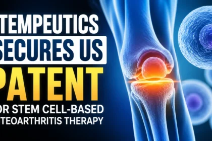 Stempeutics secures US patent for stem cell-based osteoarthritis therapy, featuring a knee joint and stem cell illustration.