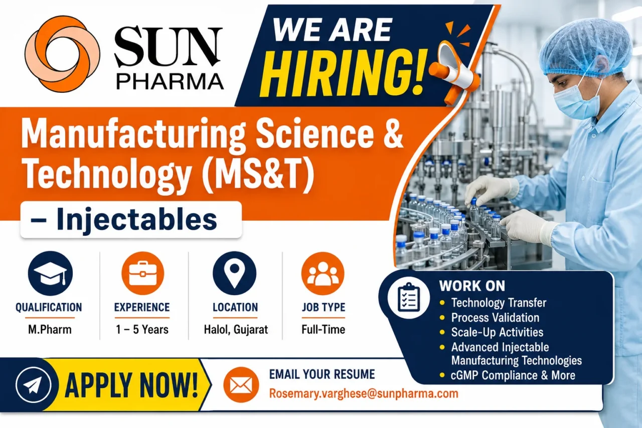 Sun Pharma Recruitment 2026 for M.Pharm candidates in Manufacturing Science & Technology (MS&T) – Injectables at Halol, Gujarat.