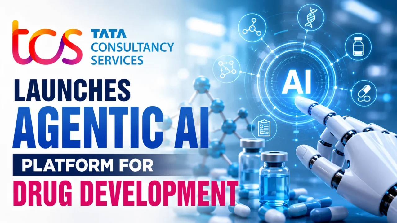 TCS launches agentic AI platform for drug development with AI, pharmaceutical and biotechnology visuals.