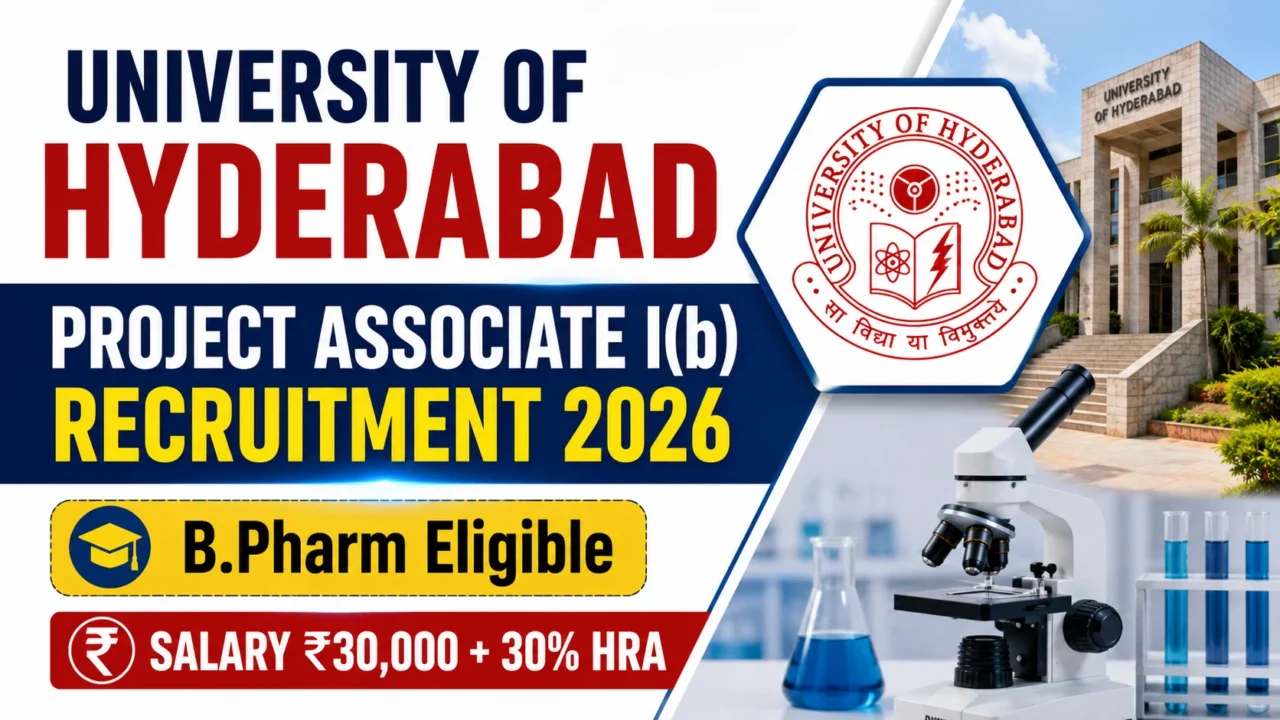 University of Hyderabad Project Associate I(b) Recruitment 2026 – B.Pharm Eligible, Salary ₹30,000 + 30% HRA