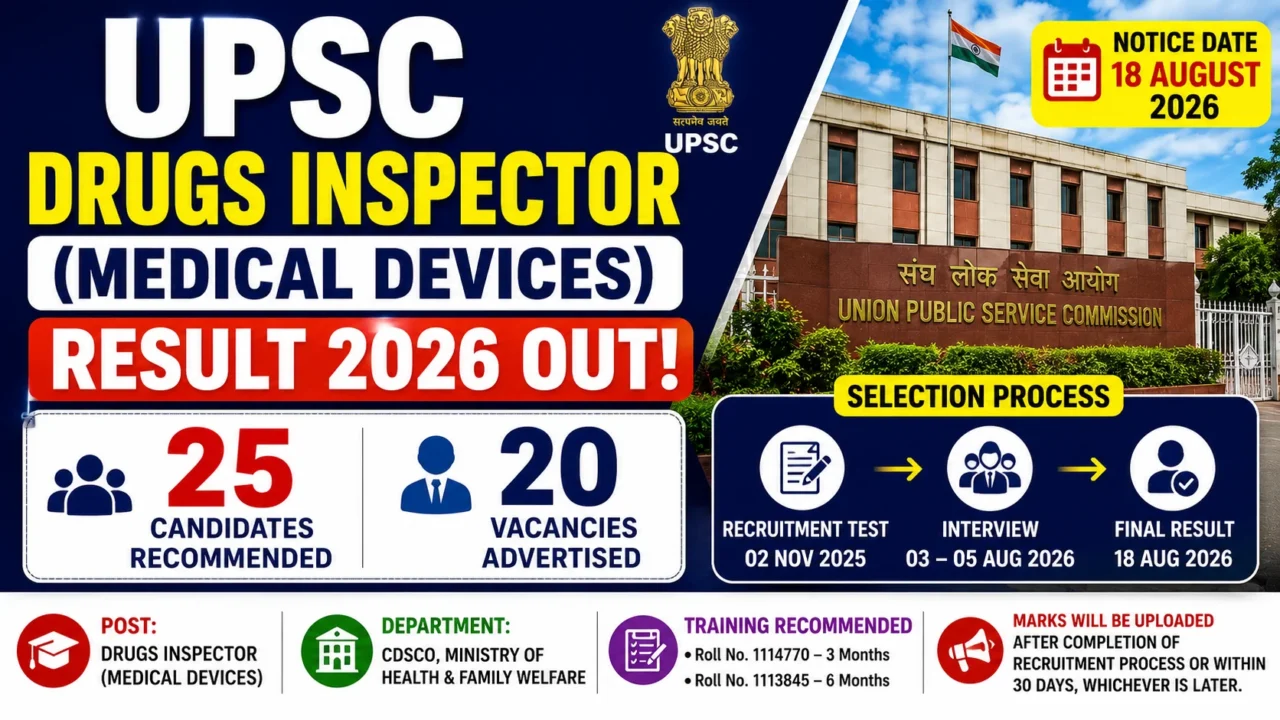 UPSC Drugs Inspector Medical Devices Result 2026 with 25 candidates recommended and 20 vacancies