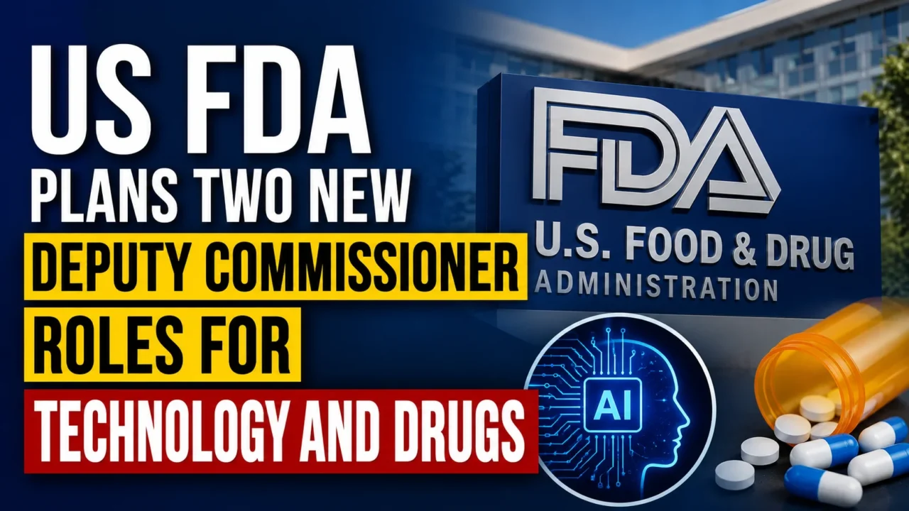 US FDA plans two new deputy commissioner roles for technology and drugs, featuring FDA, AI, and pharmaceutical imagery.