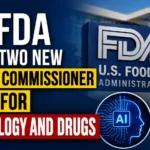 US FDA plans two new deputy commissioner roles for technology and drugs, featuring FDA, AI, and pharmaceutical imagery.