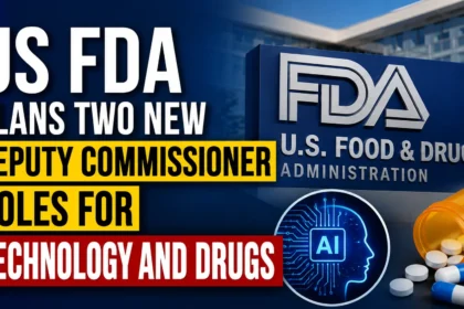 US FDA plans two new deputy commissioner roles for technology and drugs, featuring FDA, AI, and pharmaceutical imagery.