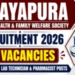 16:9 recruitment thumbnail for Vijayapura District Health & Family Welfare Society Recruitment 2026 featuring bold text "26 Vacancies" with medical icons, highlighting Nursing, Lab Technician, and Pharmacist posts on a clean maroon, white, and navy background.