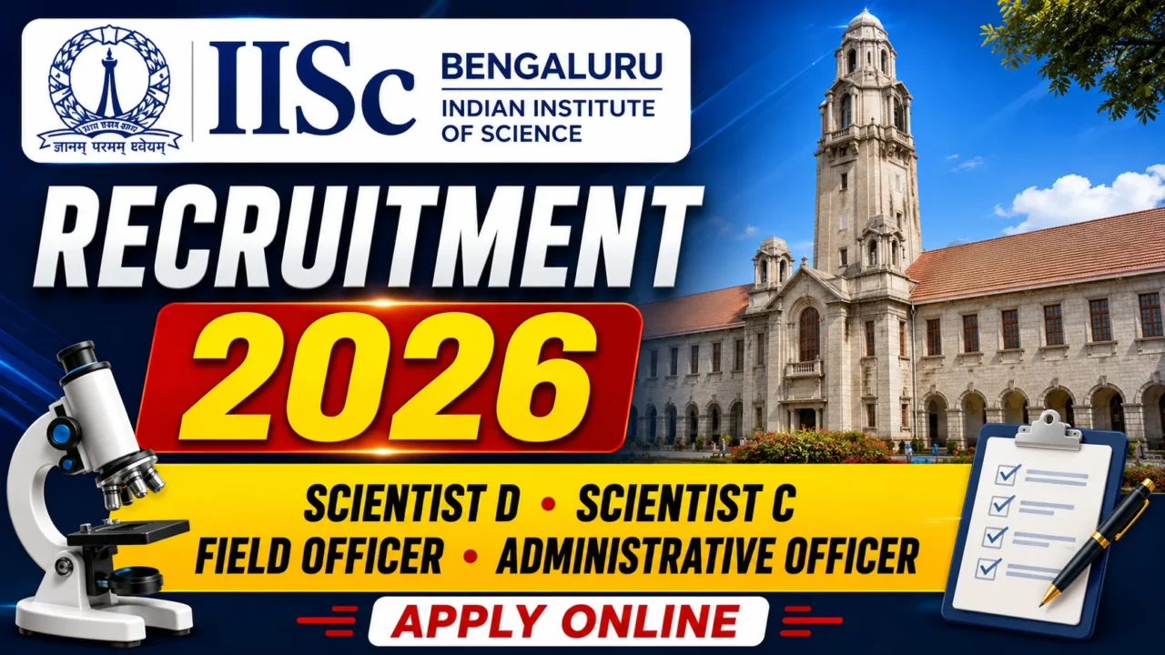 IISc Bengaluru Recruitment 2026 thumbnail featuring Scientist D, Scientist C, Field Officer and Administrative Officer vacancies with IISc campus, microscope and application icons.