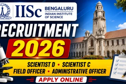IISc Bengaluru Recruitment 2026 thumbnail featuring Scientist D, Scientist C, Field Officer and Administrative Officer vacancies with IISc campus, microscope and application icons.