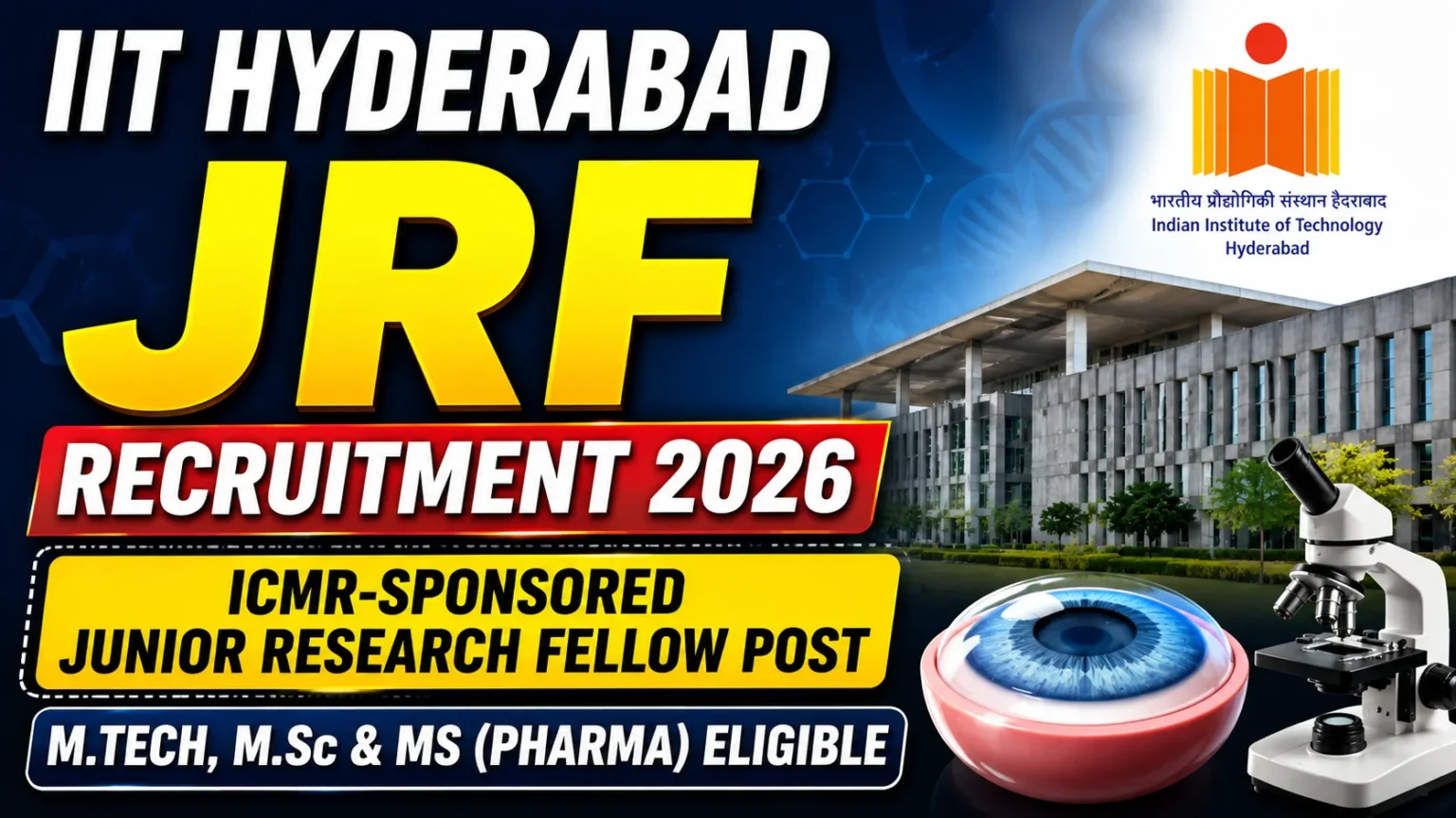 YouTube thumbnail for IIT Hyderabad JRF Recruitment 2026 featuring ICMR-sponsored Junior Research Fellow post, IIT Hyderabad campus, microscope, eye research illustration, and eligibility for M.Tech, M.Sc, and MS (Pharma) candidates.