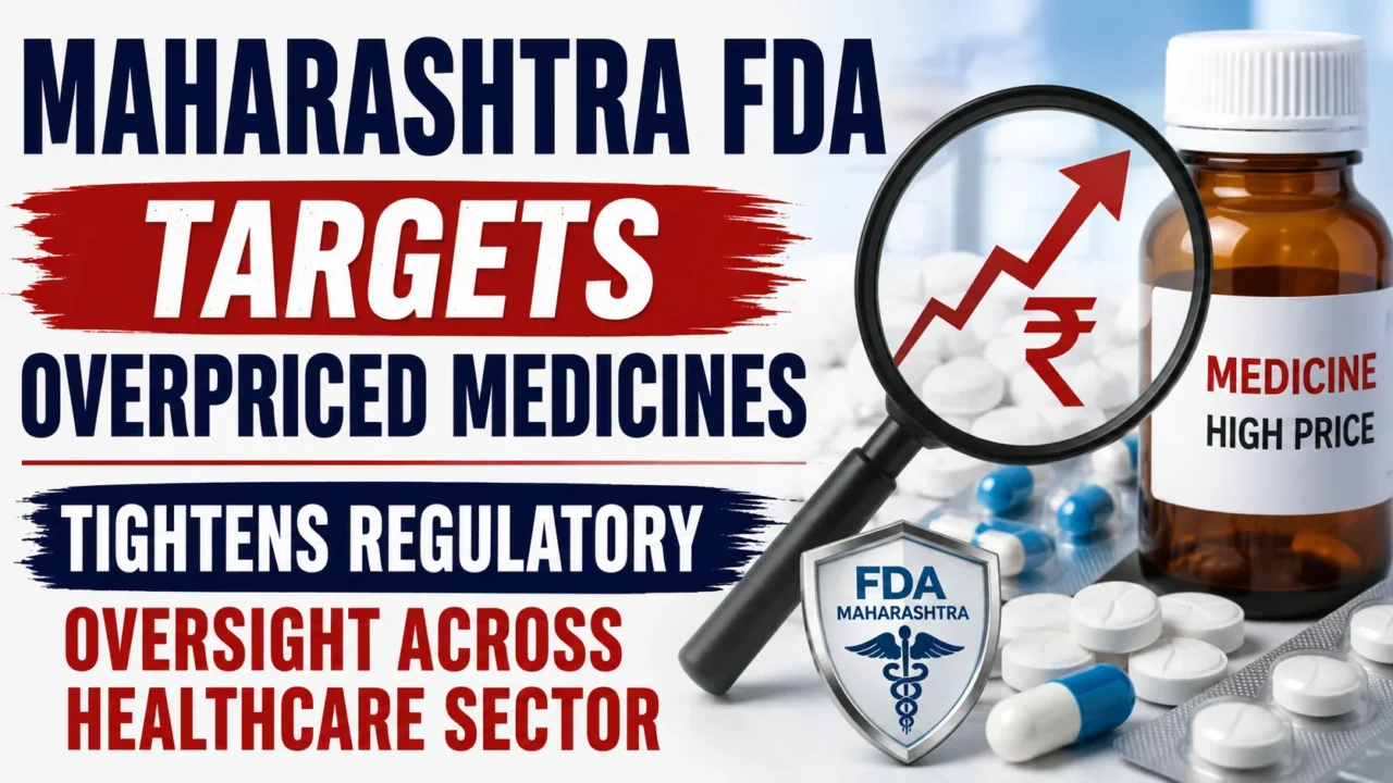 YouTube thumbnail highlighting Maharashtra FDA's action against overpriced medicines with bold text, medicine bottles, tablets, a magnifying glass showing a rising rupee price graph, and healthcare regulatory visuals.