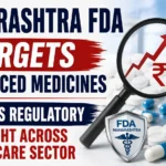 YouTube thumbnail highlighting Maharashtra FDA's action against overpriced medicines with bold text, medicine bottles, tablets, a magnifying glass showing a rising rupee price graph, and healthcare regulatory visuals.